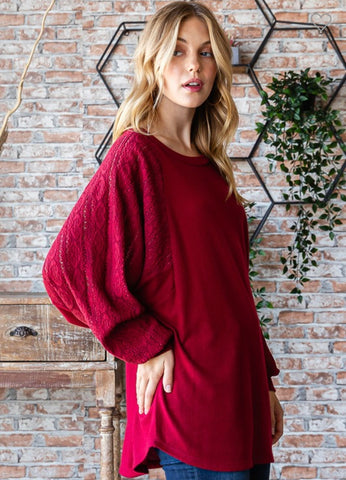 Burgundy Top with Lace Contrast Sleeve