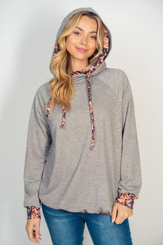 Gray Double Hooded Top with Floral Contrast