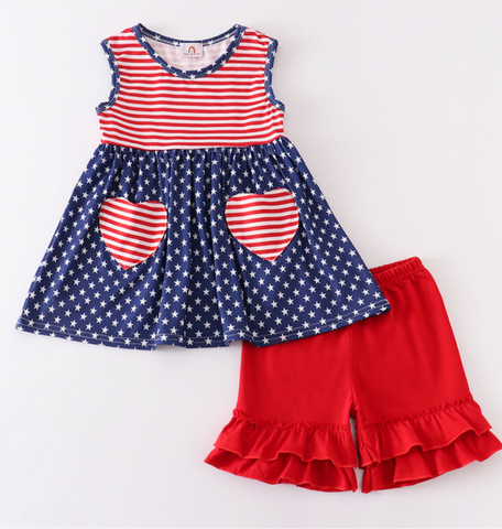 Kids Patriotic Flag Outfit with Ruffle Shorts