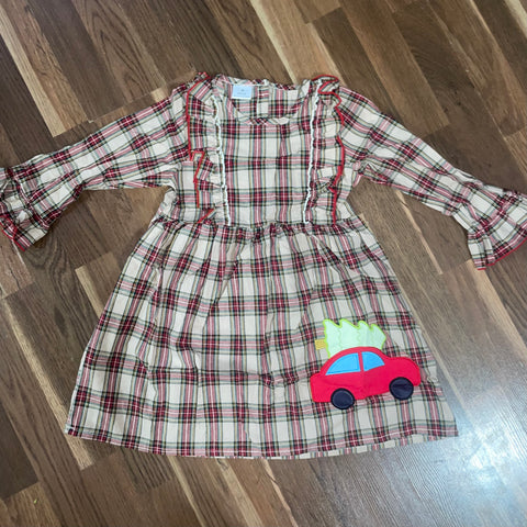 Kids Plaid Christmas Car Appliqué Dress