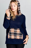 Navy Knit Hoodie w/ Plaid Contrast