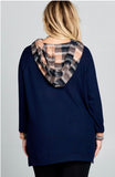 Navy Knit Hoodie w/ Plaid Contrast