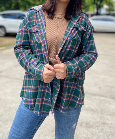 Green Plaid Hooded Flannel