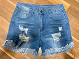 Blue Distressed Shorts with Frayed Hem