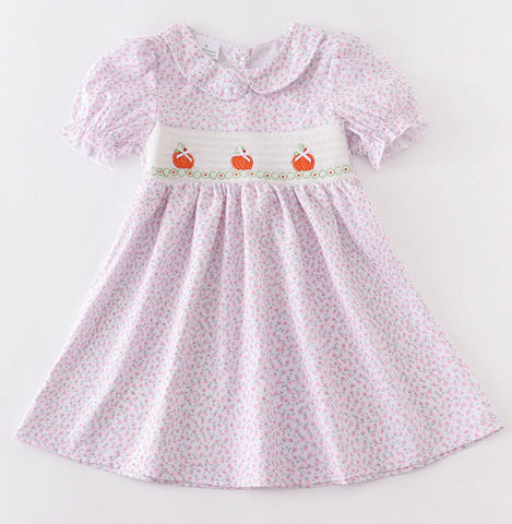 Kids Smocked Dress with Pumpkin Embroidery