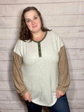 Henley Style Top with Colorblock Sleeves (2X, 3X)