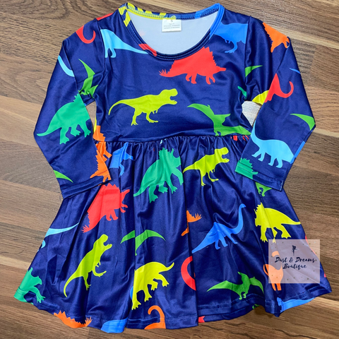 Kids Blue Dinosaur Long Sleeve Dress (10/12, 14/16)