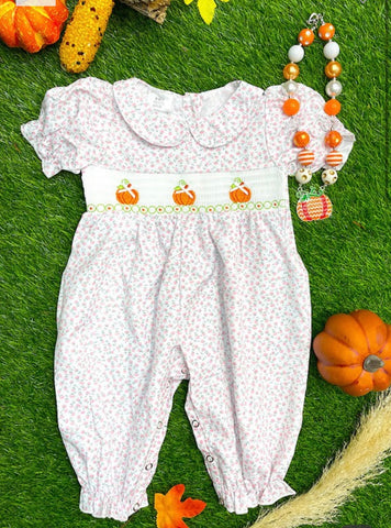 Kids Infant Smocked Romper with Pumpkin Embroidery