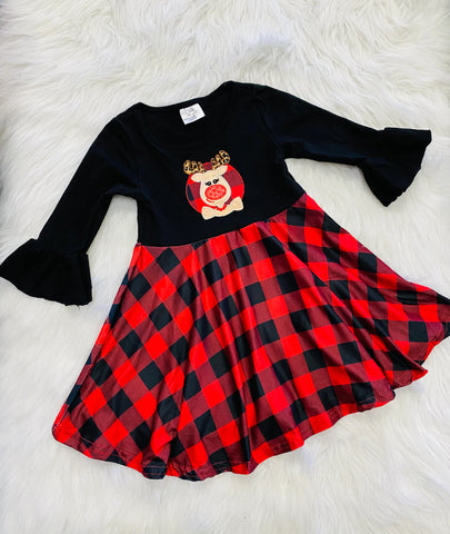 Kids Reindeer Buffalo Plaid Dress