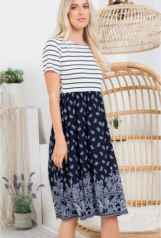 Navy Stripe Paisley Bottom Midi Dress