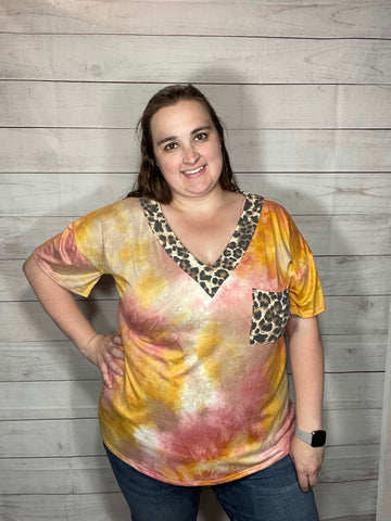 Tie Dye Top with Leopard Accent (1XL, 3XL)